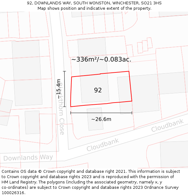 92, DOWNLANDS WAY, SOUTH WONSTON, WINCHESTER, SO21 3HS: Plot and title map