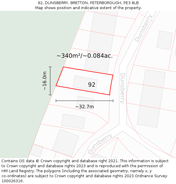 92, DUNSBERRY, BRETTON, PETERBOROUGH, PE3 8LB: Plot and title map