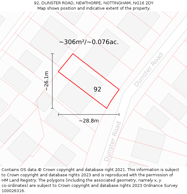 92, DUNSTER ROAD, NEWTHORPE, NOTTINGHAM, NG16 2DY: Plot and title map