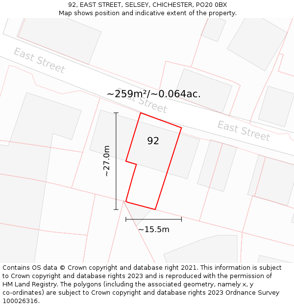 92, EAST STREET, SELSEY, CHICHESTER, PO20 0BX: Plot and title map
