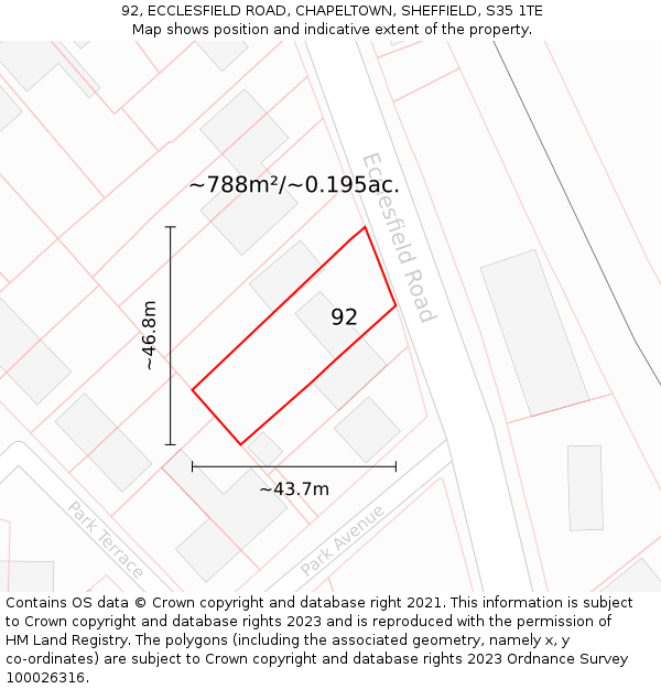92, ECCLESFIELD ROAD, CHAPELTOWN, SHEFFIELD, S35 1TE: Plot and title map