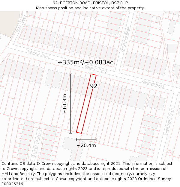 92, EGERTON ROAD, BRISTOL, BS7 8HP: Plot and title map