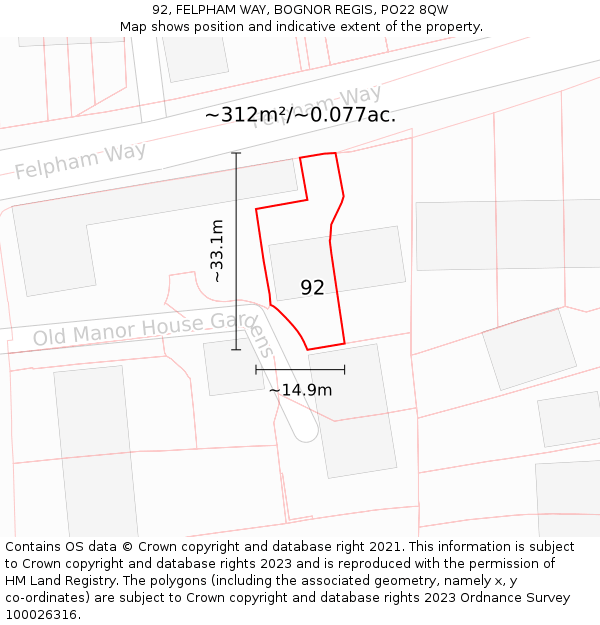 92, FELPHAM WAY, BOGNOR REGIS, PO22 8QW: Plot and title map