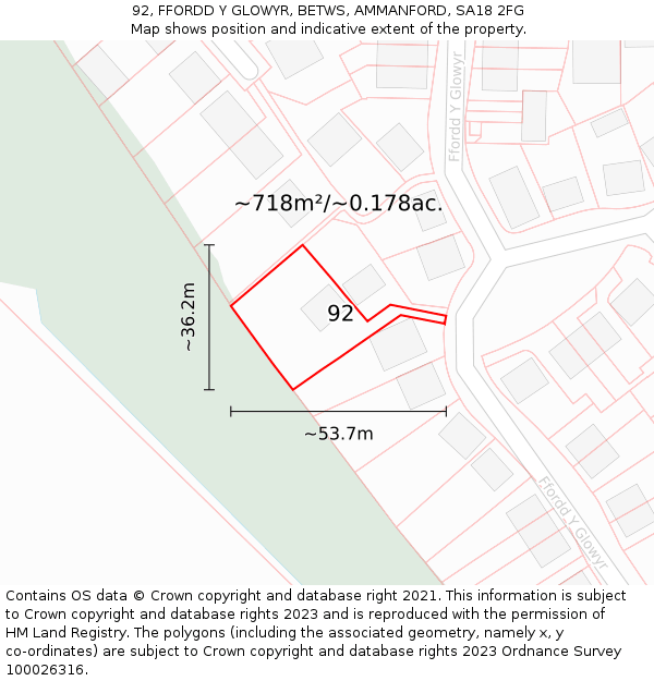 92, FFORDD Y GLOWYR, BETWS, AMMANFORD, SA18 2FG: Plot and title map