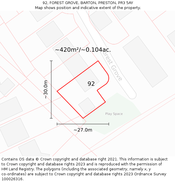 92, FOREST GROVE, BARTON, PRESTON, PR3 5AY: Plot and title map