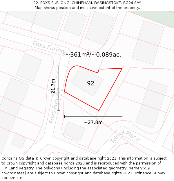 92, FOXS FURLONG, CHINEHAM, BASINGSTOKE, RG24 8AY: Plot and title map