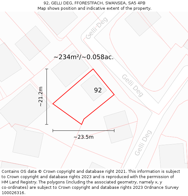 92, GELLI DEG, FFORESTFACH, SWANSEA, SA5 4PB: Plot and title map