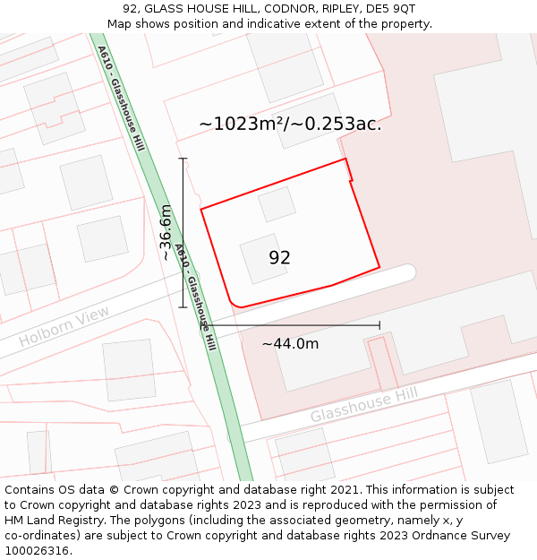 92, GLASS HOUSE HILL, CODNOR, RIPLEY, DE5 9QT: Plot and title map