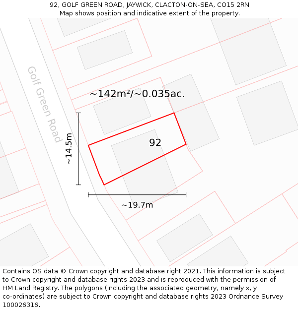 92, GOLF GREEN ROAD, JAYWICK, CLACTON-ON-SEA, CO15 2RN: Plot and title map