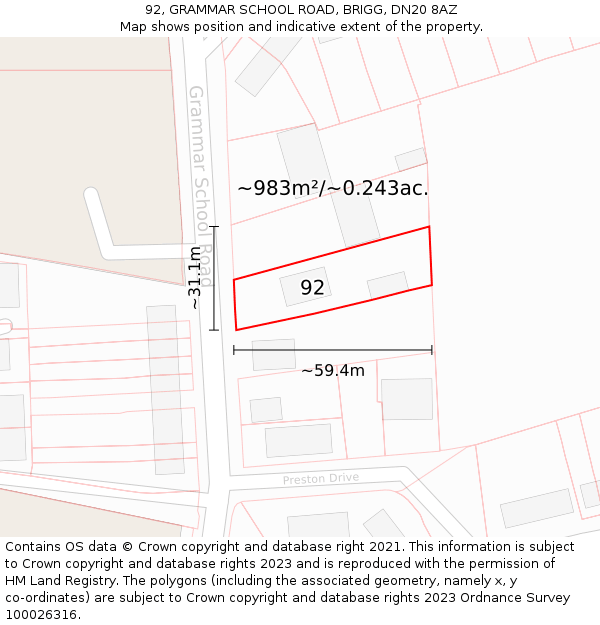 92, GRAMMAR SCHOOL ROAD, BRIGG, DN20 8AZ: Plot and title map