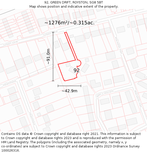 92, GREEN DRIFT, ROYSTON, SG8 5BT: Plot and title map