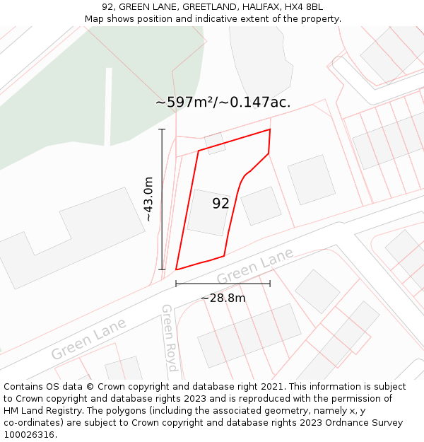 92, GREEN LANE, GREETLAND, HALIFAX, HX4 8BL: Plot and title map