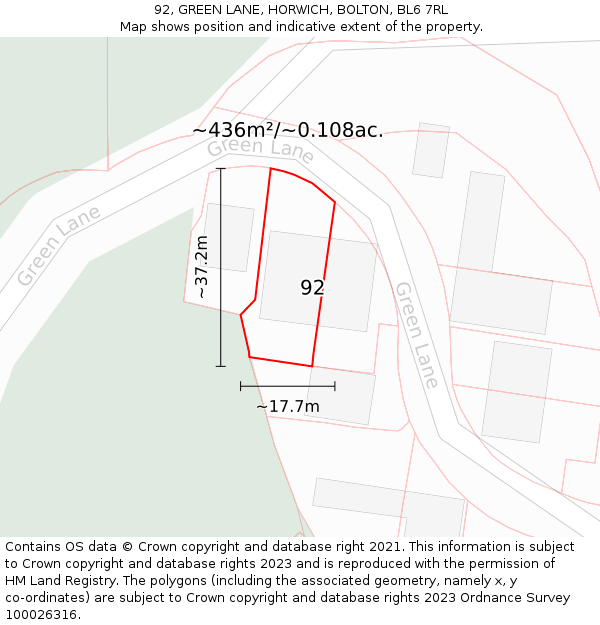 92, GREEN LANE, HORWICH, BOLTON, BL6 7RL: Plot and title map