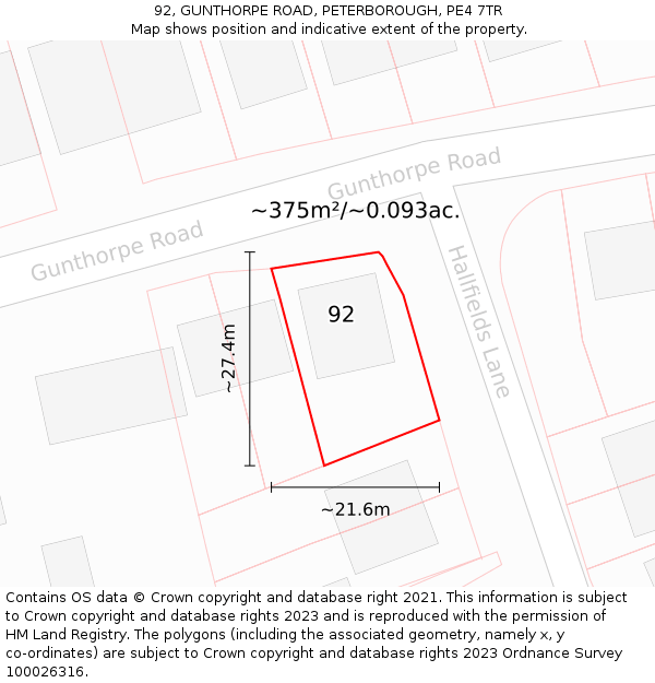 92, GUNTHORPE ROAD, PETERBOROUGH, PE4 7TR: Plot and title map