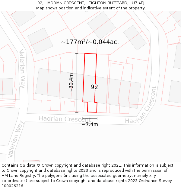 92, HADRIAN CRESCENT, LEIGHTON BUZZARD, LU7 4EJ: Plot and title map