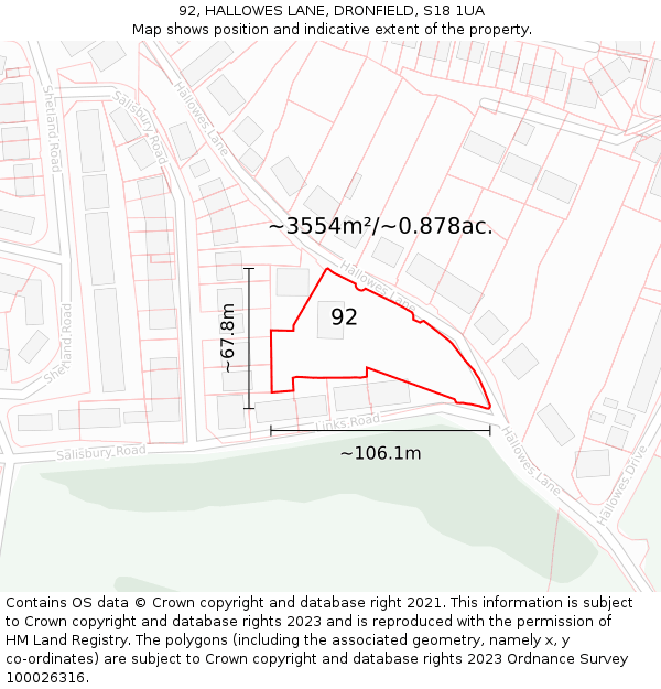 92, HALLOWES LANE, DRONFIELD, S18 1UA: Plot and title map