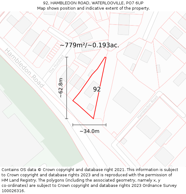 92, HAMBLEDON ROAD, WATERLOOVILLE, PO7 6UP: Plot and title map