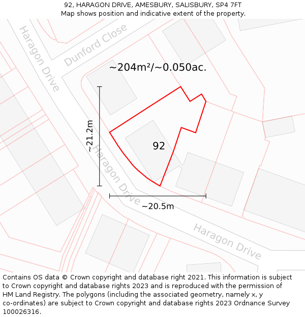 92, HARAGON DRIVE, AMESBURY, SALISBURY, SP4 7FT: Plot and title map