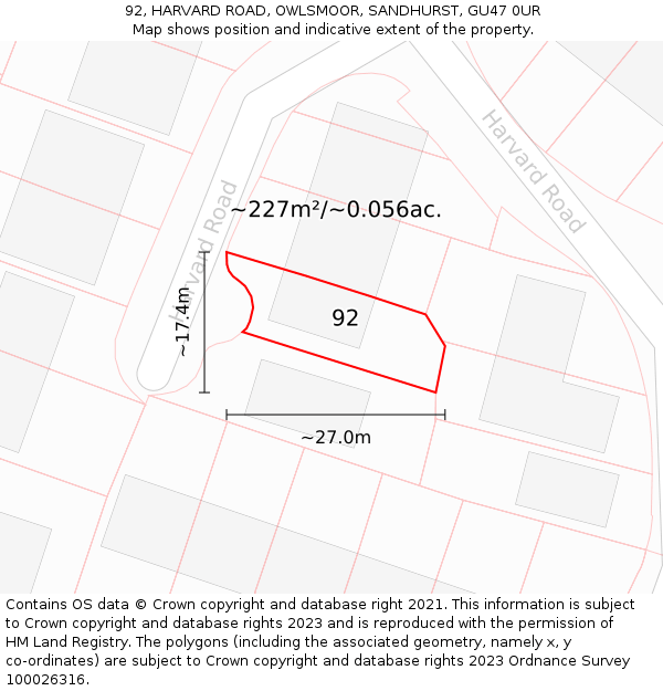 92, HARVARD ROAD, OWLSMOOR, SANDHURST, GU47 0UR: Plot and title map