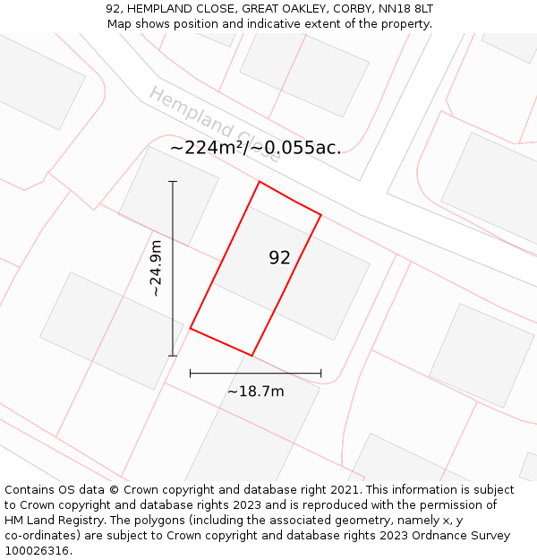 92, HEMPLAND CLOSE, GREAT OAKLEY, CORBY, NN18 8LT: Plot and title map