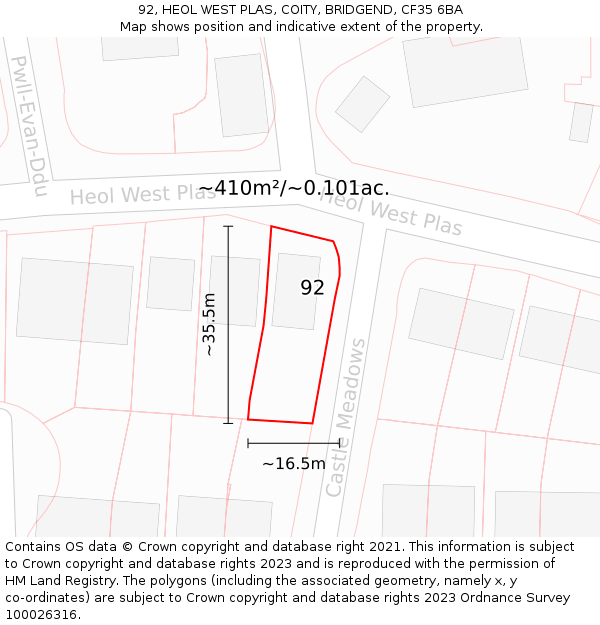 92, HEOL WEST PLAS, COITY, BRIDGEND, CF35 6BA: Plot and title map