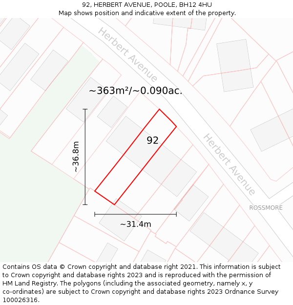 92, HERBERT AVENUE, POOLE, BH12 4HU: Plot and title map