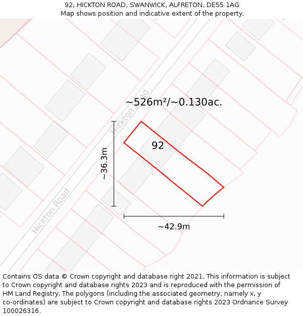 92, HICKTON ROAD, SWANWICK, ALFRETON, DE55 1AG: Plot and title map