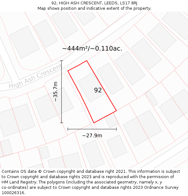92, HIGH ASH CRESCENT, LEEDS, LS17 8RJ: Plot and title map
