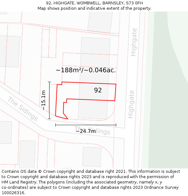 92, HIGHGATE, WOMBWELL, BARNSLEY, S73 0FH: Plot and title map