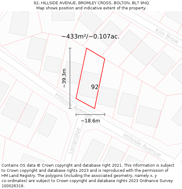 92, HILLSIDE AVENUE, BROMLEY CROSS, BOLTON, BL7 9NQ: Plot and title map