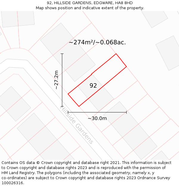 92, HILLSIDE GARDENS, EDGWARE, HA8 8HD: Plot and title map