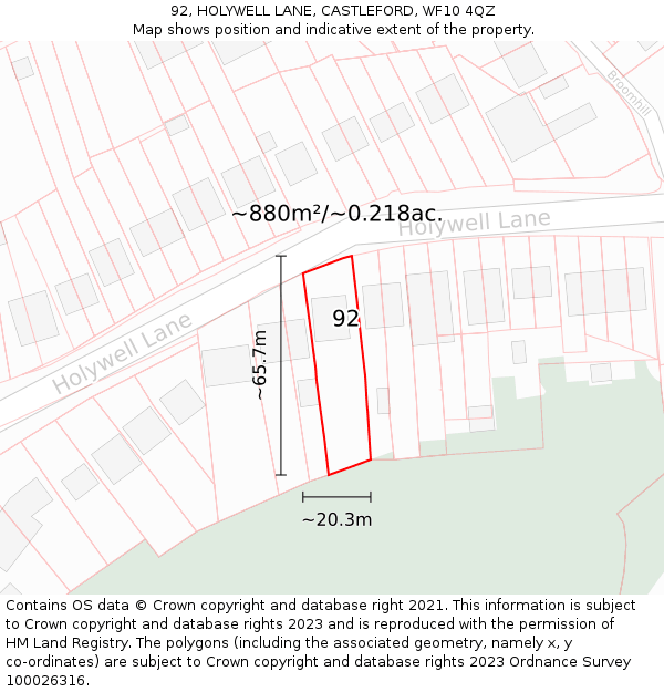 92, HOLYWELL LANE, CASTLEFORD, WF10 4QZ: Plot and title map