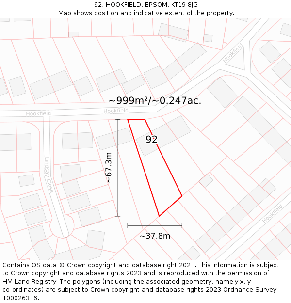 92, HOOKFIELD, EPSOM, KT19 8JG: Plot and title map