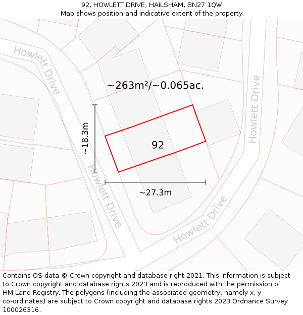 92, HOWLETT DRIVE, HAILSHAM, BN27 1QW: Plot and title map