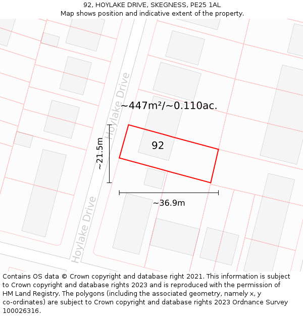 92, HOYLAKE DRIVE, SKEGNESS, PE25 1AL: Plot and title map