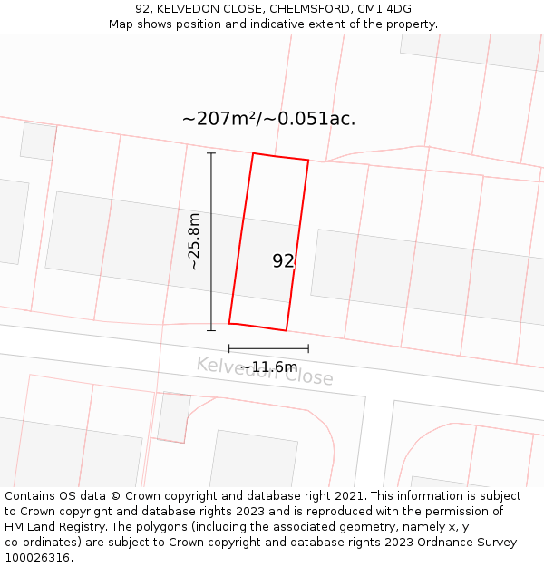 92, KELVEDON CLOSE, CHELMSFORD, CM1 4DG: Plot and title map