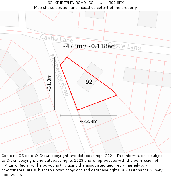92, KIMBERLEY ROAD, SOLIHULL, B92 8PX: Plot and title map