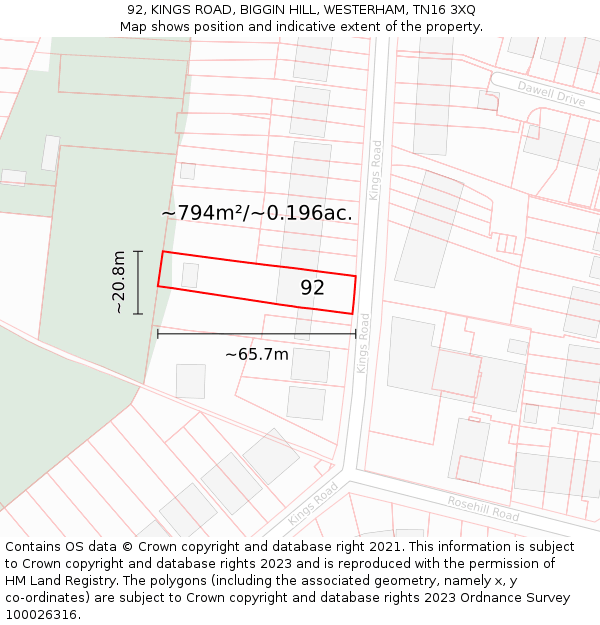 92, KINGS ROAD, BIGGIN HILL, WESTERHAM, TN16 3XQ: Plot and title map