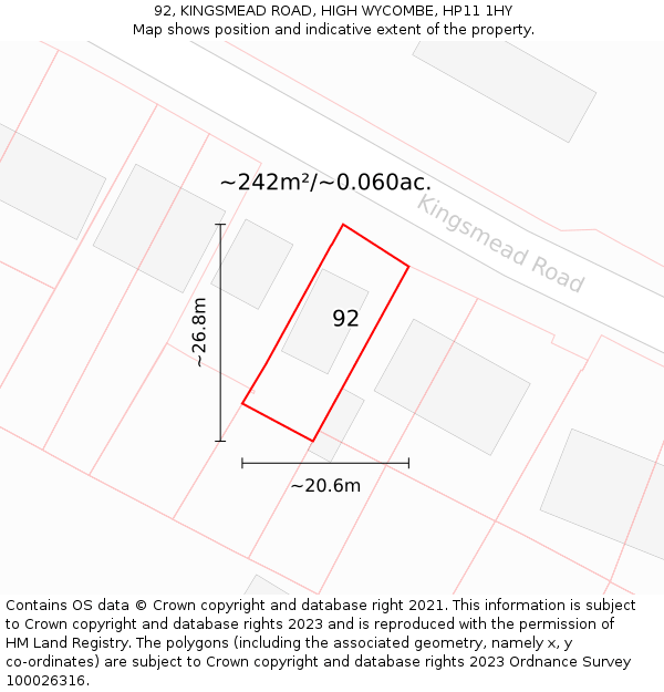 92, KINGSMEAD ROAD, HIGH WYCOMBE, HP11 1HY: Plot and title map