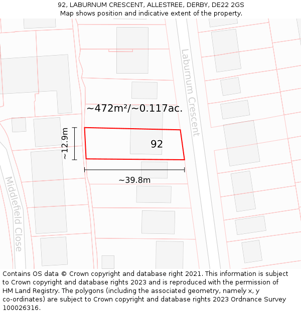 92, LABURNUM CRESCENT, ALLESTREE, DERBY, DE22 2GS: Plot and title map