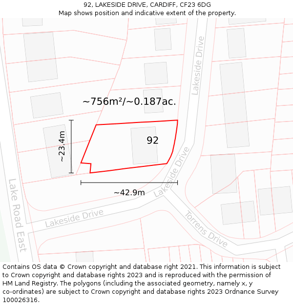 92, LAKESIDE DRIVE, CARDIFF, CF23 6DG: Plot and title map