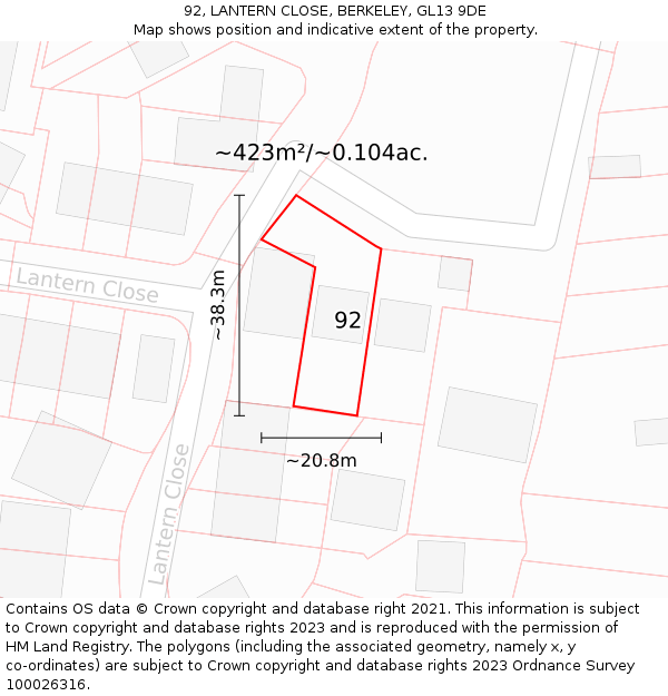 92, LANTERN CLOSE, BERKELEY, GL13 9DE: Plot and title map