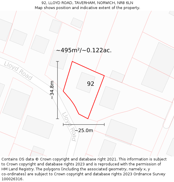 92, LLOYD ROAD, TAVERHAM, NORWICH, NR8 6LN: Plot and title map