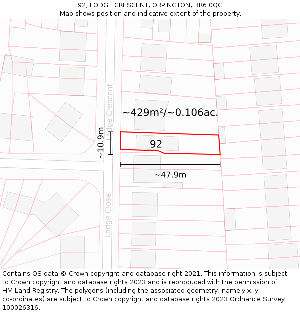 92, LODGE CRESCENT, ORPINGTON, BR6 0QG: Plot and title map