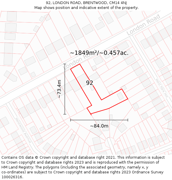 92, LONDON ROAD, BRENTWOOD, CM14 4NJ: Plot and title map