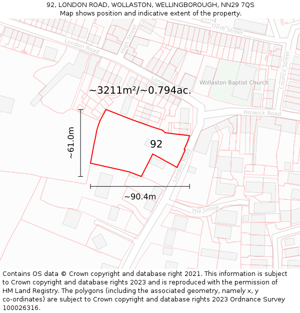 92, LONDON ROAD, WOLLASTON, WELLINGBOROUGH, NN29 7QS: Plot and title map
