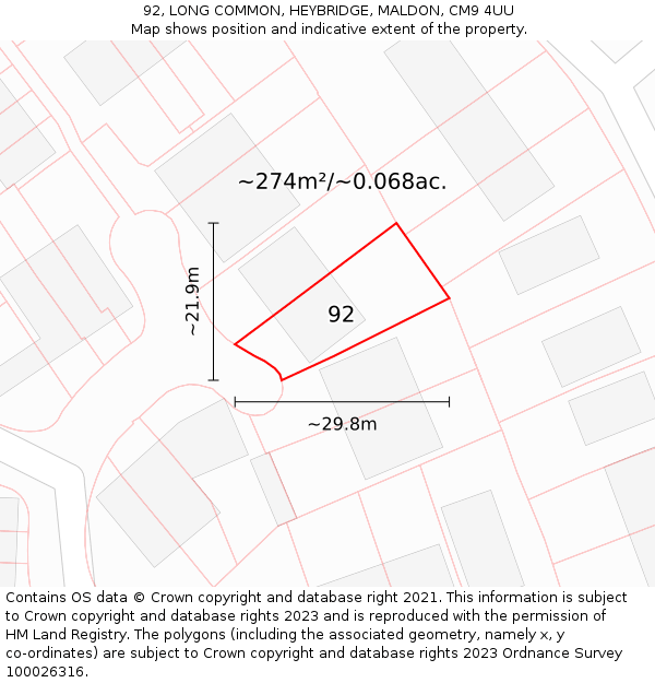92, LONG COMMON, HEYBRIDGE, MALDON, CM9 4UU: Plot and title map