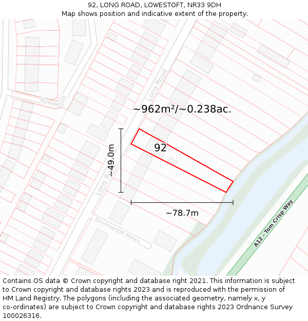 92, LONG ROAD, LOWESTOFT, NR33 9DH: Plot and title map