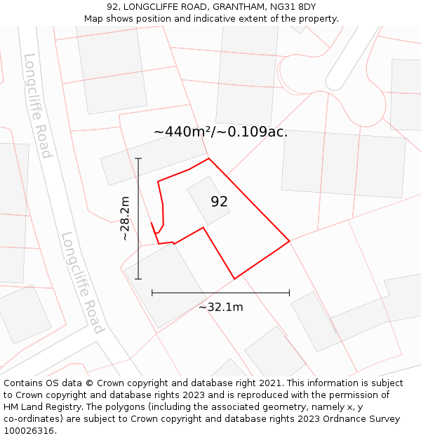 92, LONGCLIFFE ROAD, GRANTHAM, NG31 8DY: Plot and title map