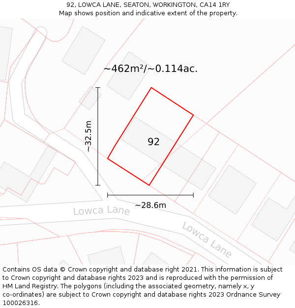 92, LOWCA LANE, SEATON, WORKINGTON, CA14 1RY: Plot and title map